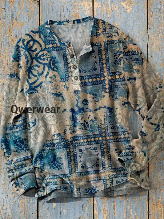 Unisex Simple Retro Western Colorful Art Print Long Sleeve Fashion Henley Shirt A / S