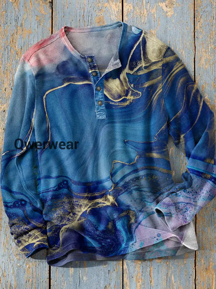 Unisex Simple Retro Western Colorful Art Print Long Sleeve Fashion Henley Shirt A / S