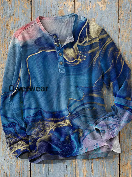 Unisex Simple Retro Western Colorful Art Print Long Sleeve Fashion Henley Shirt A / S