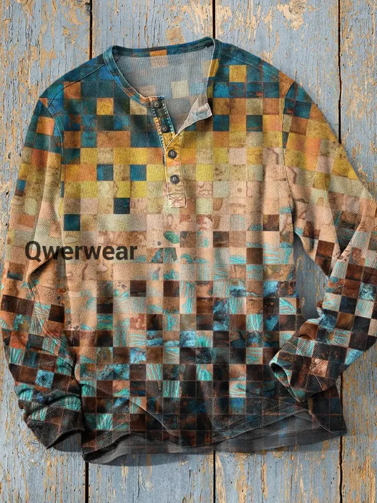 Unisex Simple Retro Western Colorful Art Print Long Sleeve Fashion Henley Shirt A / S