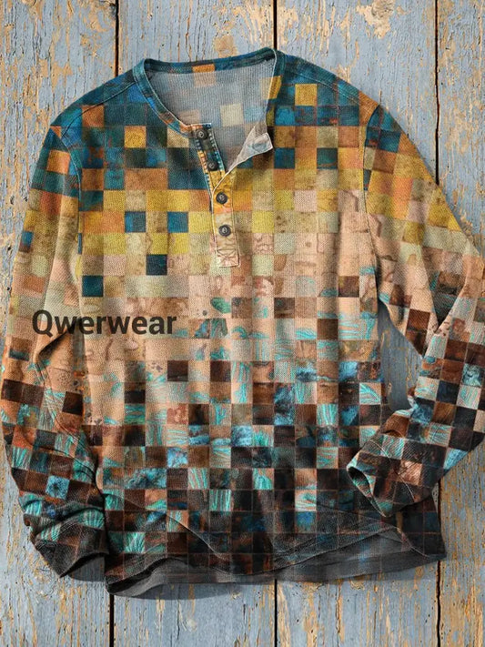 Unisex Simple Retro Western Colorful Art Print Long Sleeve Fashion Henley Shirt A / S