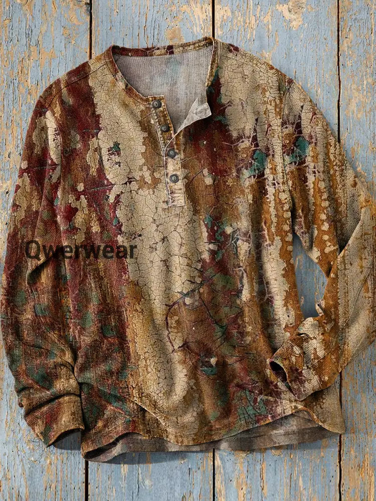 Unisex Simple Retro Western Colorful Art Print Long Sleeve Fashion Henley Shirt A / S