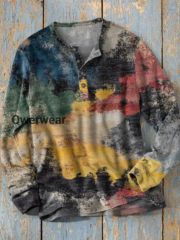 Unisex Simple Retro Western Colorful Art Print Long Sleeve Fashion Henley Shirt A / S