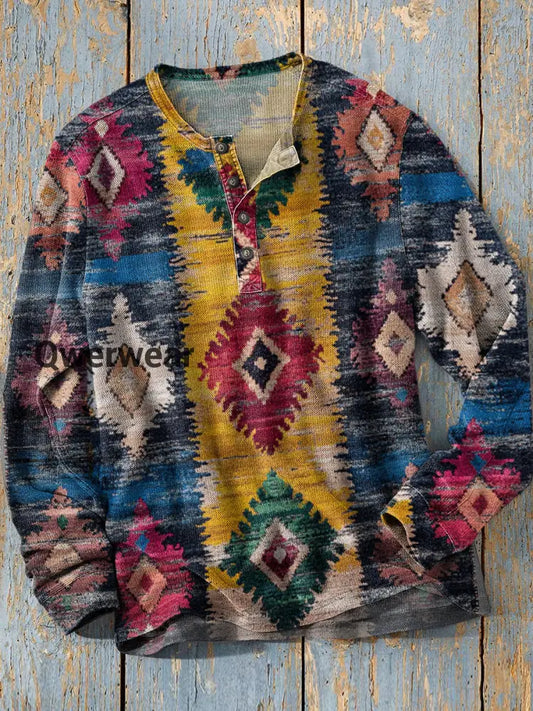 Unisex Simple Retro Western Colorful Art Print Long Sleeve Fashion Henley Shirt A / S