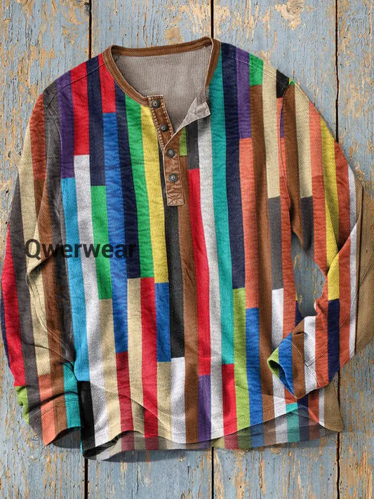 Unisex Simple Retro Western Colorful Art Print Long Sleeve Fashion Henley Shirt A / S