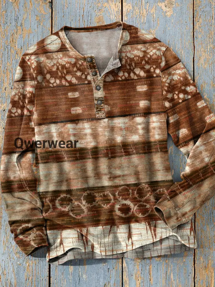 Unisex Simple Retro Western Colorful Art Print Long Sleeve Fashion Henley Shirt A / S