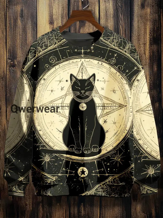 Unisex Tarot Card Astrology Cat Pattern Casual Round Neck Long Sleeve Sweatshirt Black / S