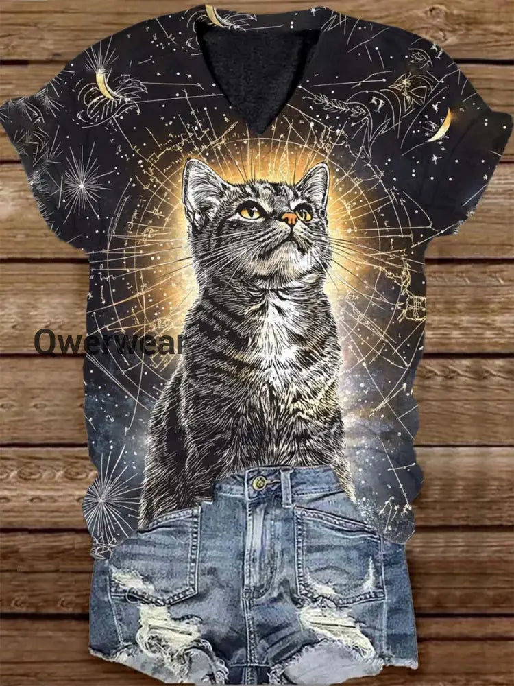 Unisex Tarot Card Cat Animal Astrolabe Pattern Casual Round Neck Short T-Shirt Black / S