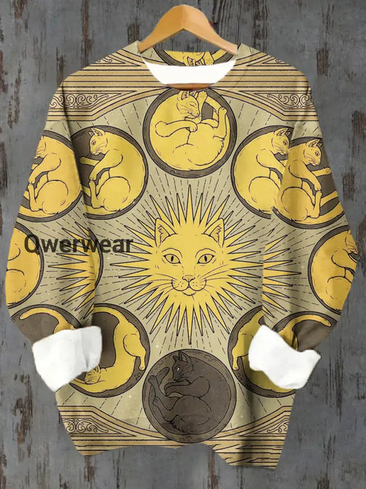 Unisex Tarot Card Cat Astrolabe Pattern Casual Round Neck Long Sleeve Sweatshirt Yellow / S