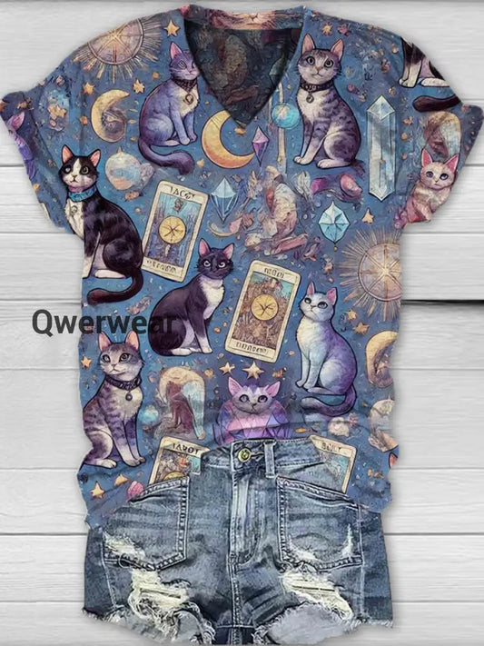 Unisex Tarot Card Divination Pattern Casual V-Neck Short Sleeve T-Shirt Purple / S