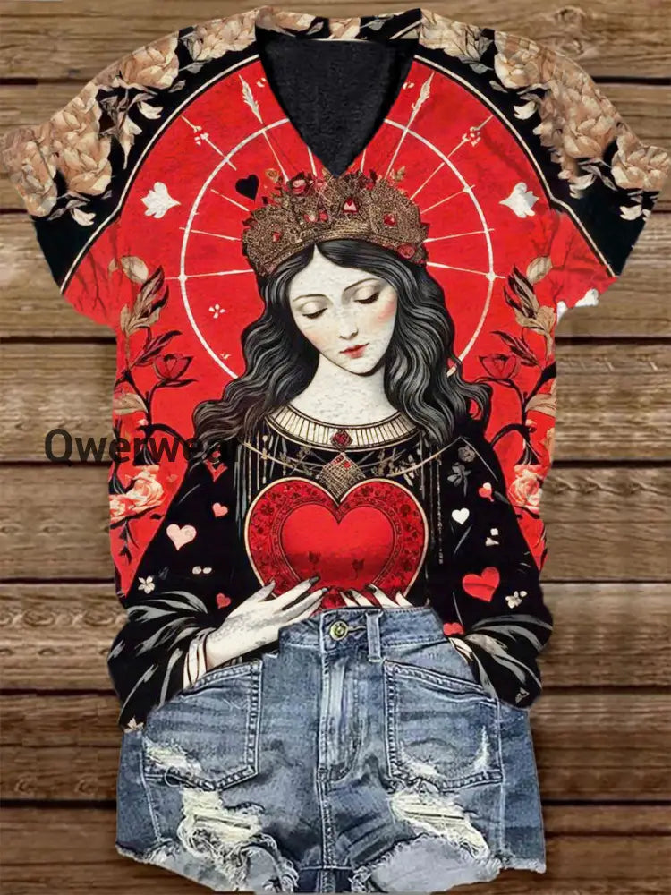 Unisex Tarot Card Divination Pattern Casual V-Neck Short Sleeve T-Shirt Red / S