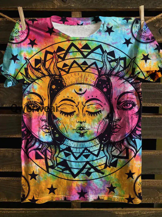 Unisex Tarot Card Religious Sun And Moon Pattern Casual Round Neck Short Sleeve T-Shirt Purple / S