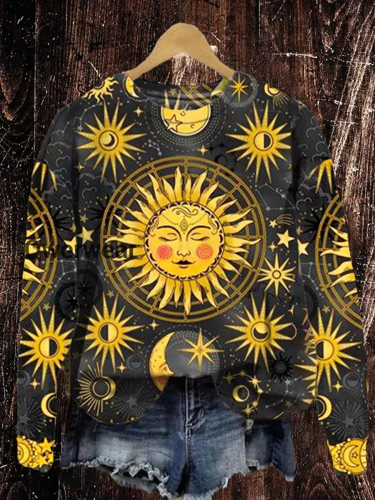 Unisex Tarot Card Sun and Moon Pattern Casual Round Neck Sweatshirt Black / S