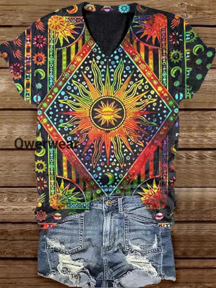 Unisex Tarot Card Sun And Moon Pattern Casual V-Neck Short Sleeve T-Shirt Colorful / S