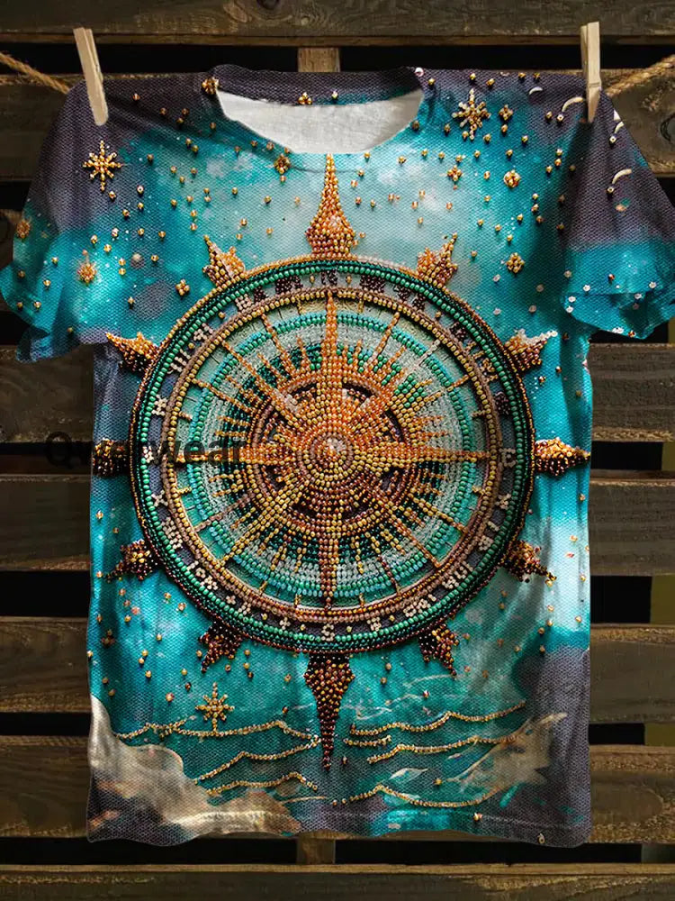 Unisex Tarot Card Wheel of Fortune Pattern Casual Round Neck Short Sleeve T-Shirt Blue / S