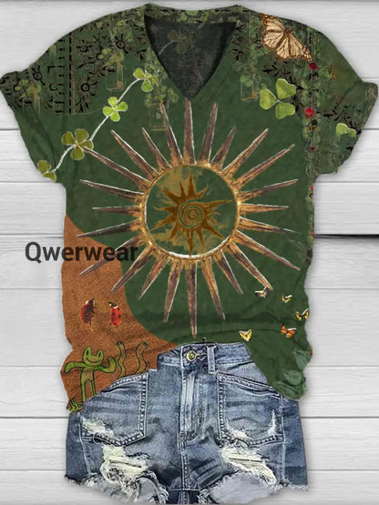 Unisex Tarot Card Wheel Of Life Pattern Casual V-Neck Short Sleeve T-Shirt Green / S