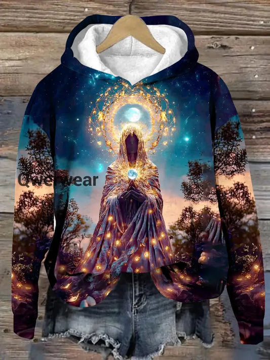 Unisex Tarot Reading Prayer Pattern Casual Hooded Sweatshirt Navy Blue / S
