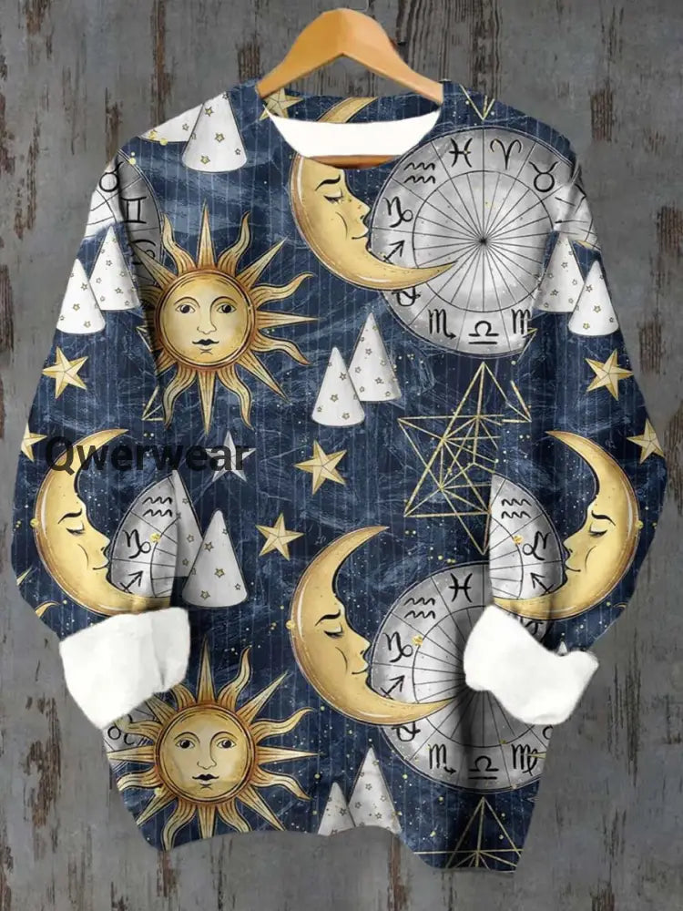Unisex Tarot Sun and Moon Astrolabe Pattern Casual Crew Neck Sweatshirt Blue / S