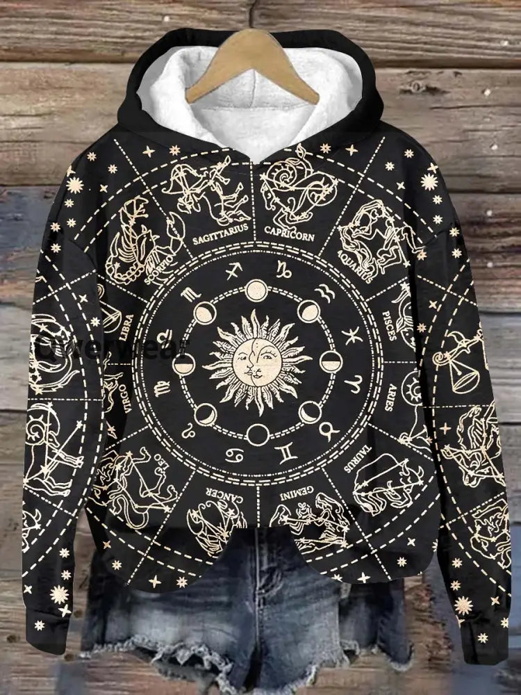 Unisex Tarot Sun and Moon Graphic Casual Hooded Sweatshirt Black / S