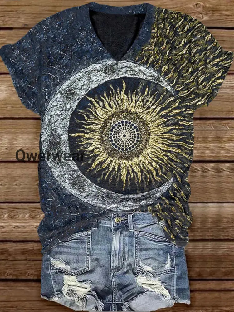 Unisex Tarot Sun and Moon Pattern Casual Round Neck Short Sleeve T-shirt Navy Blue / S
