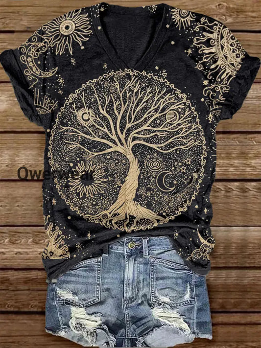 Unisex Tarot Tree of Life Pattern Casual V-Neck Short Sleeve T-Shirt Black / S