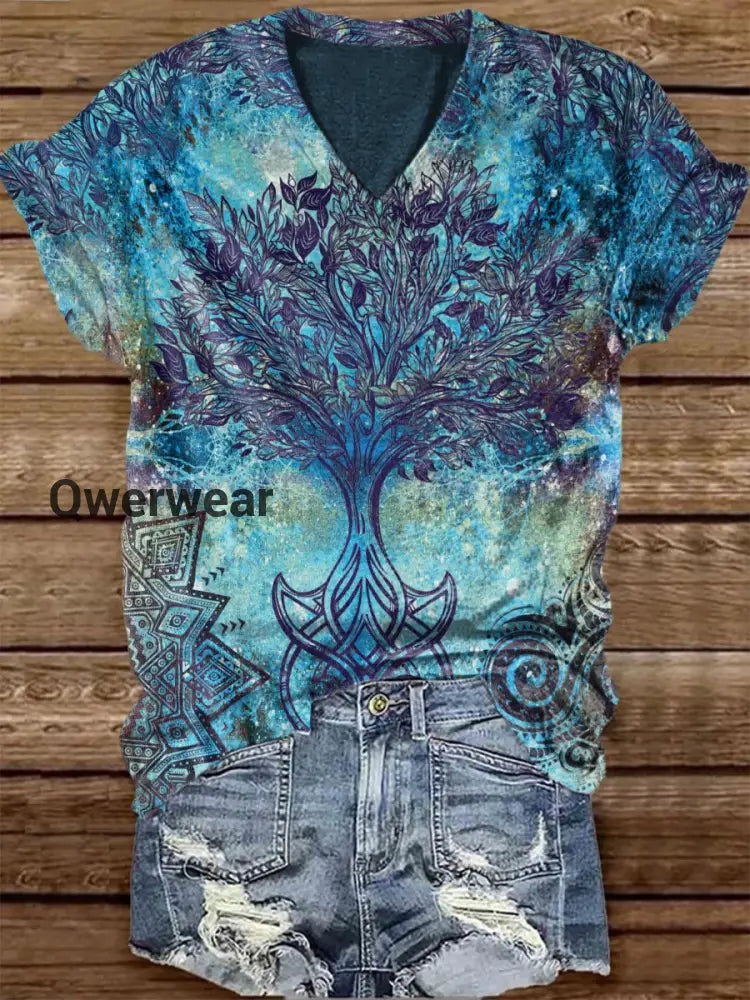 Unisex Tarot Tree Of Life Pattern Casual V-Neck Short Sleeve T-Shirt Blue / S