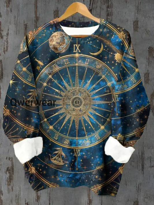 Unisex Tarot Wheel of Life Pattern Casual Round Neck Long Sleeve Sweatshirt Blue / S