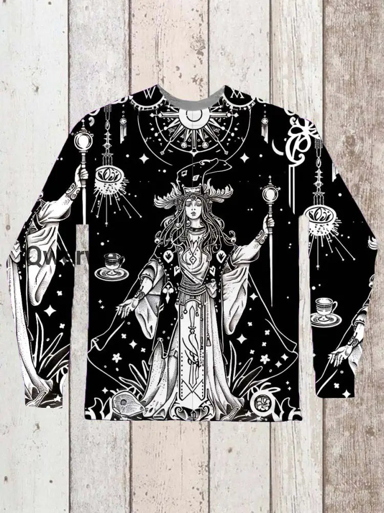 Unisex Tarot Witch Astrology Pattern Casual Round Neck Long Sleeve T-Shirt Black / S