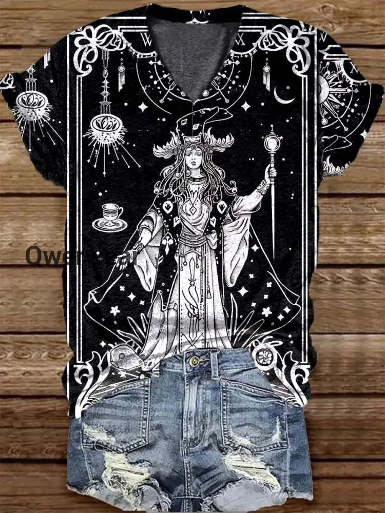 Unisex Tarot Witch Astrology Pattern Casual V-Neck Short Sleeve T-Shirt Black / S
