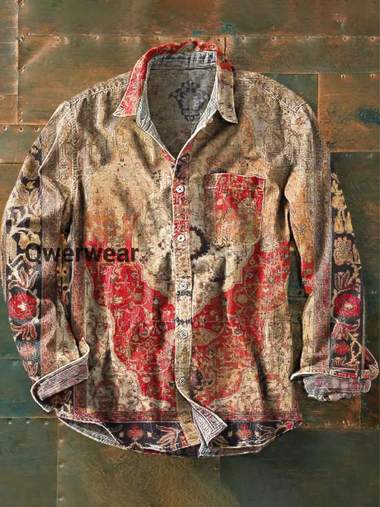 Unisex Vintage Ethnic Gradient Geometric Floral Art Print Lapel Long Sleeve Pocket Shirt Colorful / S Mens shirts