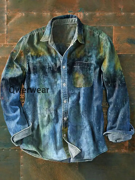 Unisex Vintage Gradient Denim Color Art Print Lapel Long Sleeve Pocket Shirt Colorful / S Mens shirts