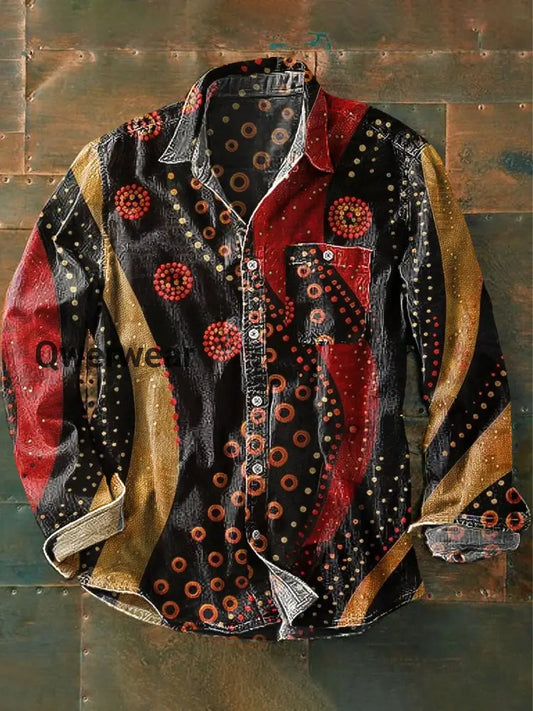 Unisex Vintage Line Wave Art Print Cotton Lapel Pocket Long Sleeve Shirt Colorful / S Mens shirts