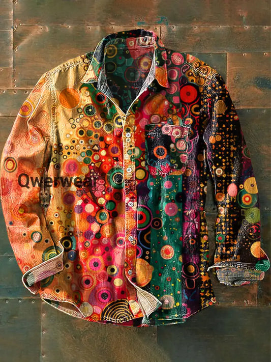 Unisex Vintage Rainbow Color Dot Art Print Cotton Lapel Pocket Long Sleeve Shirt Colorful / S