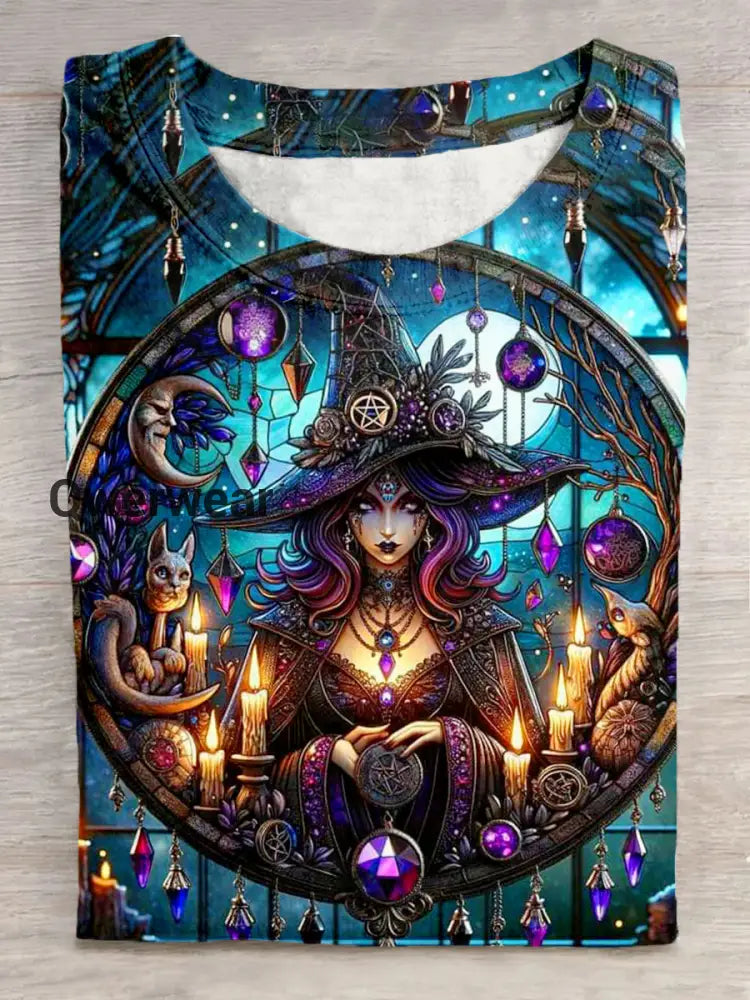 Unisex Witch Animal Tarot Card Pattern Casual Crew Neck Short Sleeve T-Shirt Blue / S