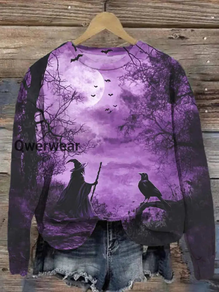 Unisex Witch Crow Print Casual Sweatshirt Deep Purple / S