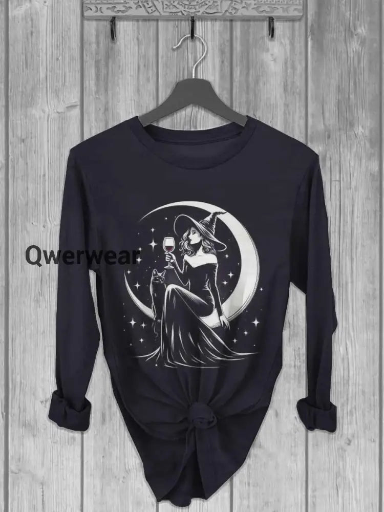Unisex Witch Moon Print Casual Long Sleeve T-Shirt Black / S