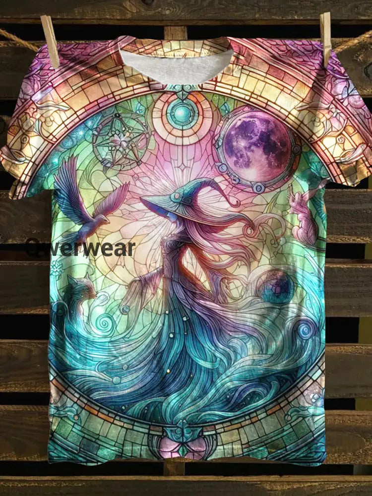 Unisex Witch Star Chart Tarot Card Pattern Casual Round Neck Short Sleeve T-Shirt Purple / S