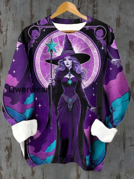 Unisex Witch Tarot Card Pattern Casual Round Neck Long Sleeve Sweatshirt Purple / S