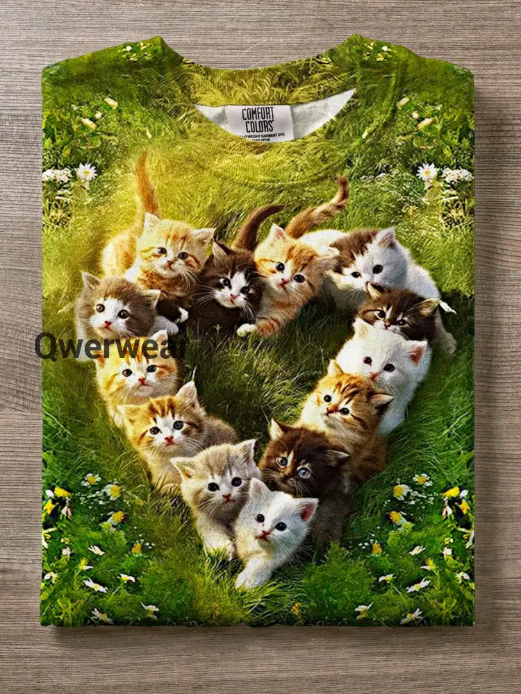 Valentine’s Day Cute Cat Love Print Crew Neck T-shirt Mixed Color / S