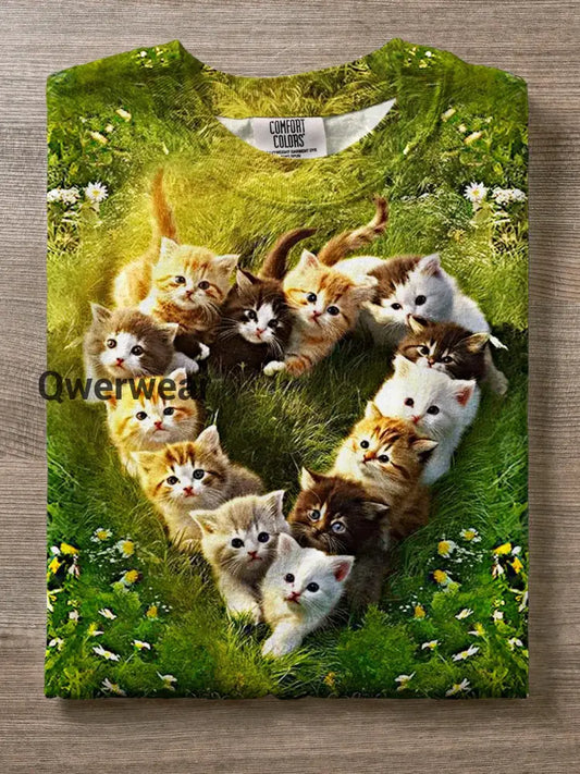Valentine’s Day Cute Cat Love Print Crew Neck T-shirt Mixed Color / S