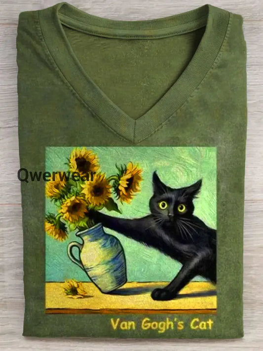 Van Gogn’s Cat Art Print V-neck Casual T-Shirt Multicolor / S