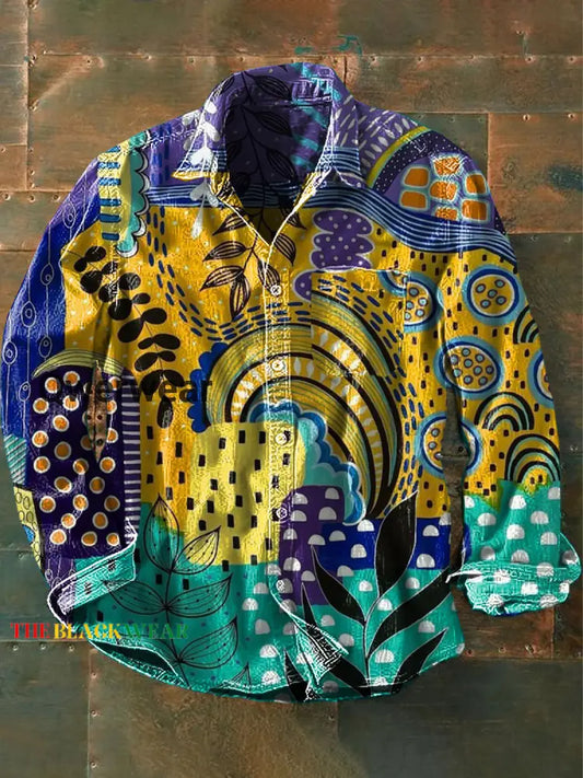 Vintage Abstract Art Colour Dazzle Vintage Stripe Print 100% Cotton Long Sleeve Shirt Multicolor / S
