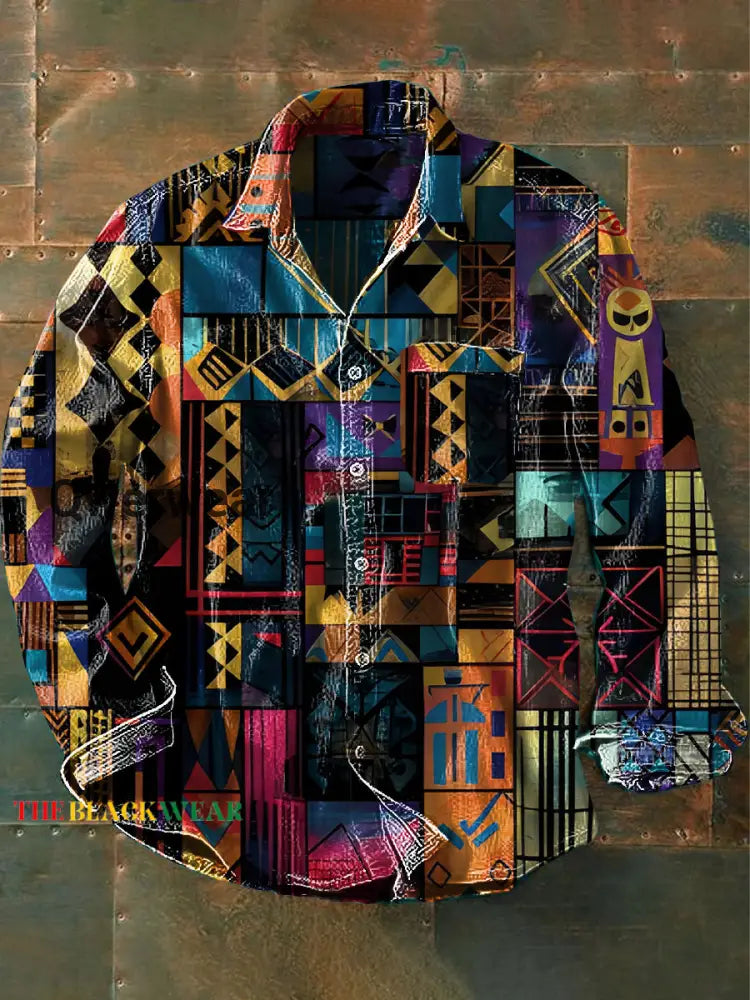 Vintage African Abstract Art Vintage Stripe Print 100% Cotton Long Sleeve Shirt Multicolor / S