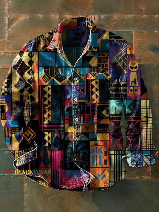 Vintage African Abstract Art Vintage Stripe Print 100% Cotton Long Sleeve Shirt Multicolor / S