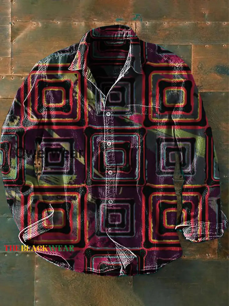 Vintage Art Geometric Lines Vintage Stripe Print 100% Cotton Long Sleeve Shirt Multicolor / S