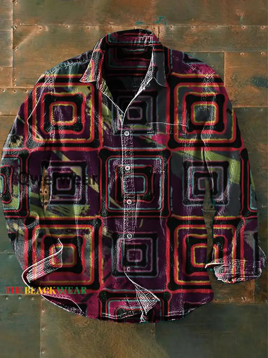 Vintage Art Geometric Lines Vintage Stripe Print 100% Cotton Long Sleeve Shirt Multicolor / S