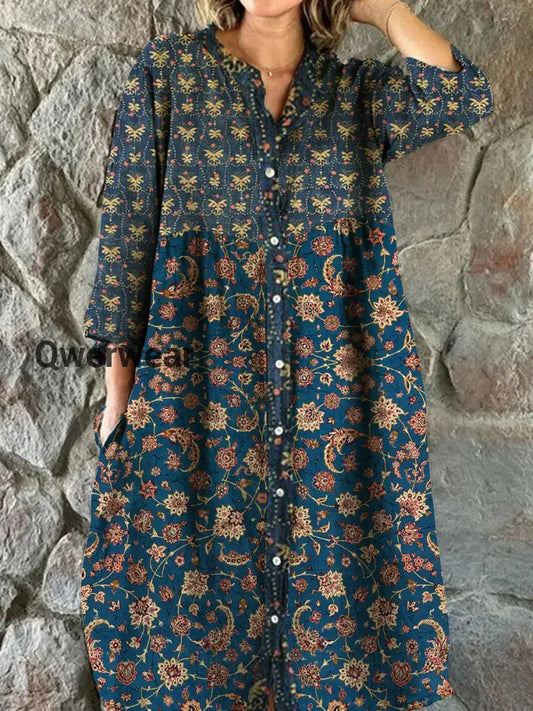 Vintage Bohemian Floral Art Print Chic V Neck Three Quarter Sleeve Button Elegant Midi Dress A / S