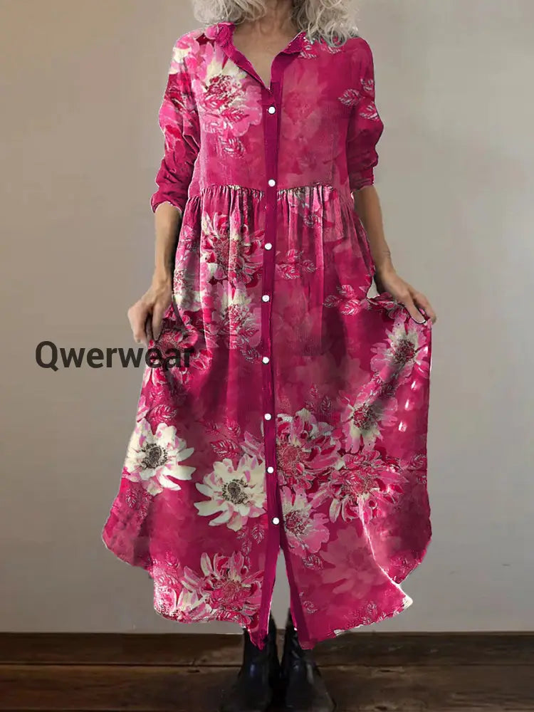Vintage Bohemian Floral Art Print Chic V Neck Three Quarter Sleeve Button Elegant Midi Dress A / S