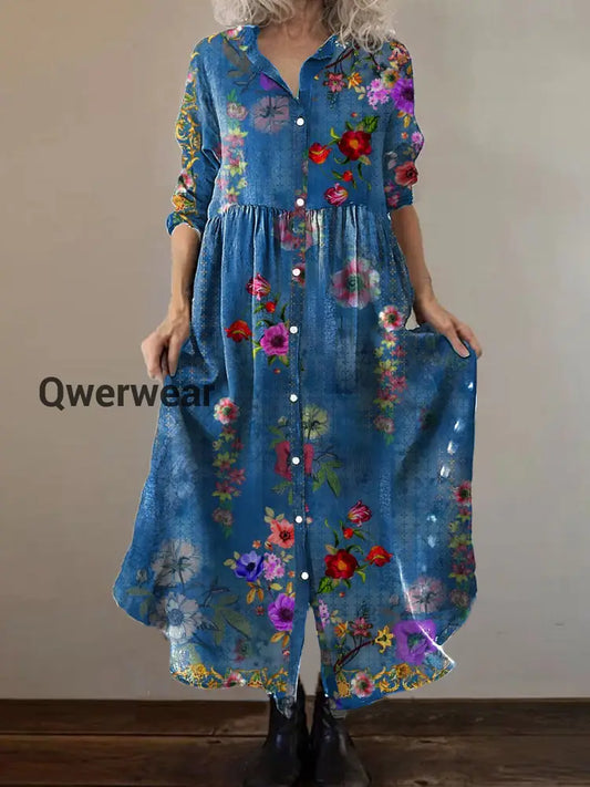 Vintage Bohemian Floral Art Print Chic V Neck Three Quarter Sleeve Button Elegant Midi Dress A / S