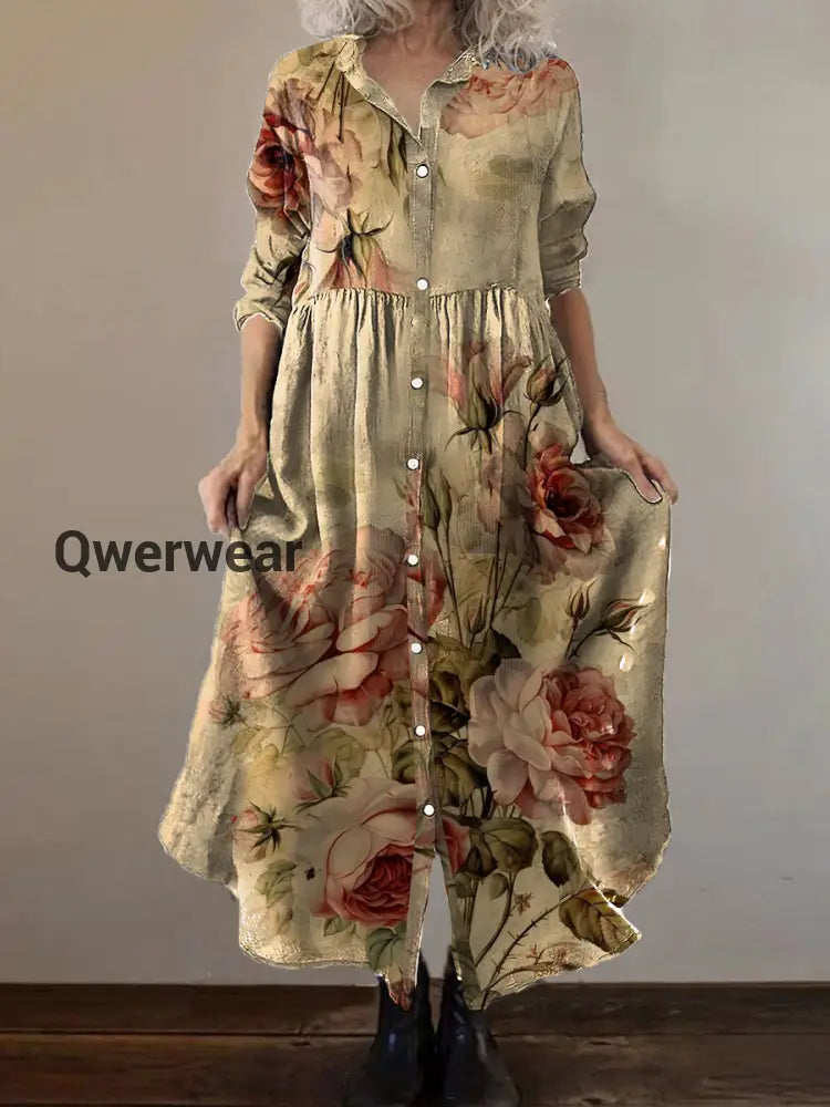 Vintage Bohemian Floral Art Print Chic V Neck Three Quarter Sleeve Button Elegant Midi Dress A / S
